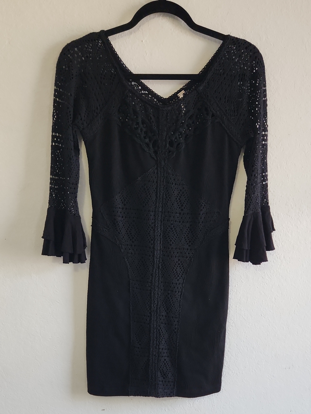 Dark Coquette Goth Free People Black Crochet Bell Sleeve Mini Dress XS Witchy